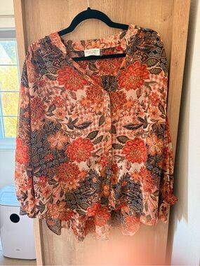 Dress Forum Floral Button-Front Blouse in Coral and Brown Tones
